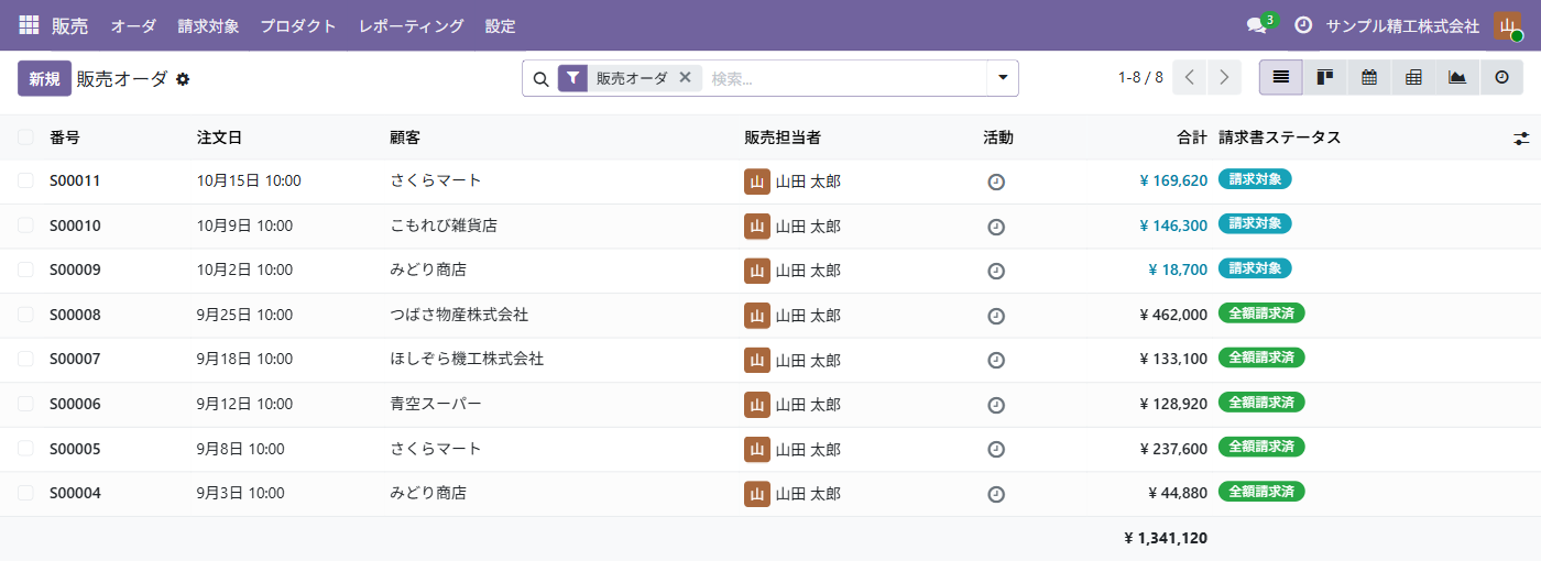 Odoo 19 Community の標準の受注の一覧