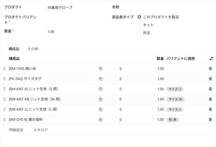 作業用グローブの部品表。縫い糸とサイズタグは指定なし、ニット生地は S・M・L ごと、黒の染料は色が黒のときだけ使う