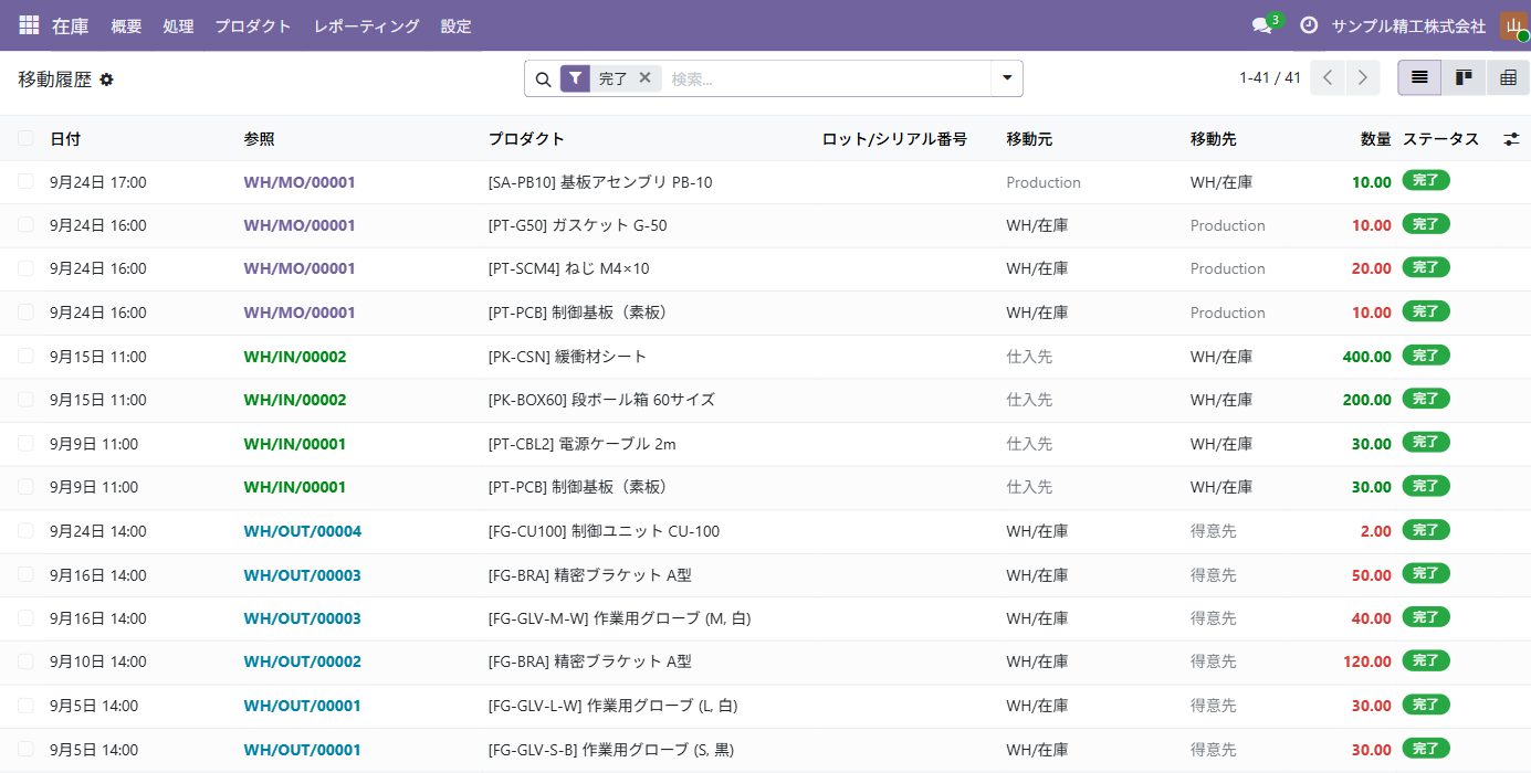 Odoo 19 Community の在庫の移動履歴。出荷・入荷・製造の移動が同じ一覧に並ぶ