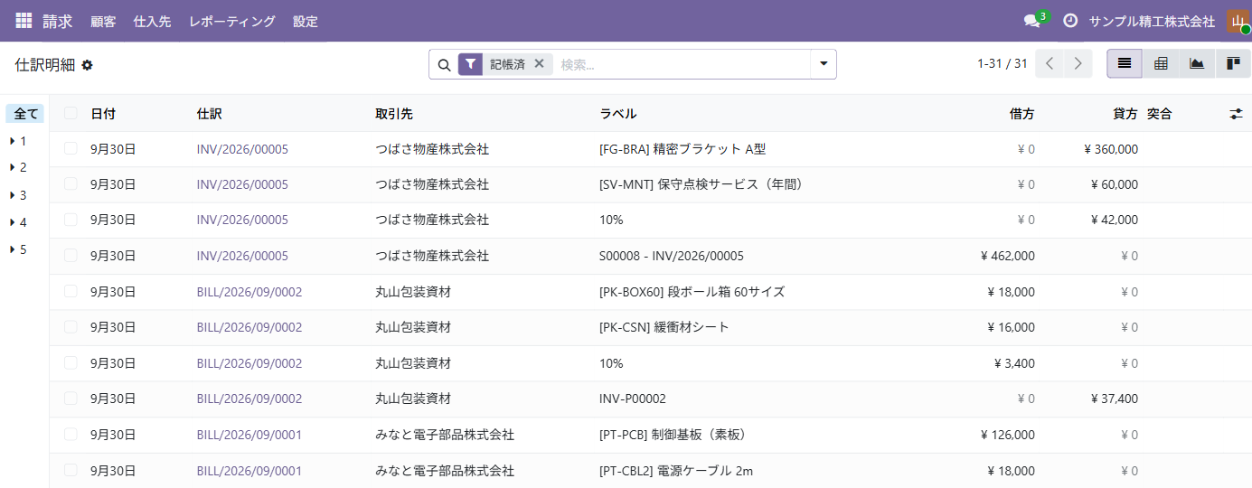 Odoo 19 Community の仕訳明細。請求書と仕入先の請求書から作られた仕訳
