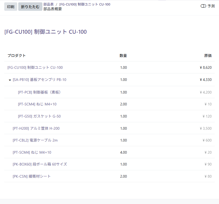 Odoo 19 Community の部品表概要。中間品の下の部品まで展開し、原価を積み上げる