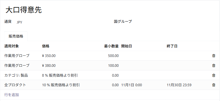 価格表「大口得意先」。作業用グローブの数量別の単価、製品カテゴリの割引、期間を区切った全品目の割引が並ぶ